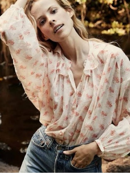 Doen Tops - Doen Cream Blouse with Pink Floral Print